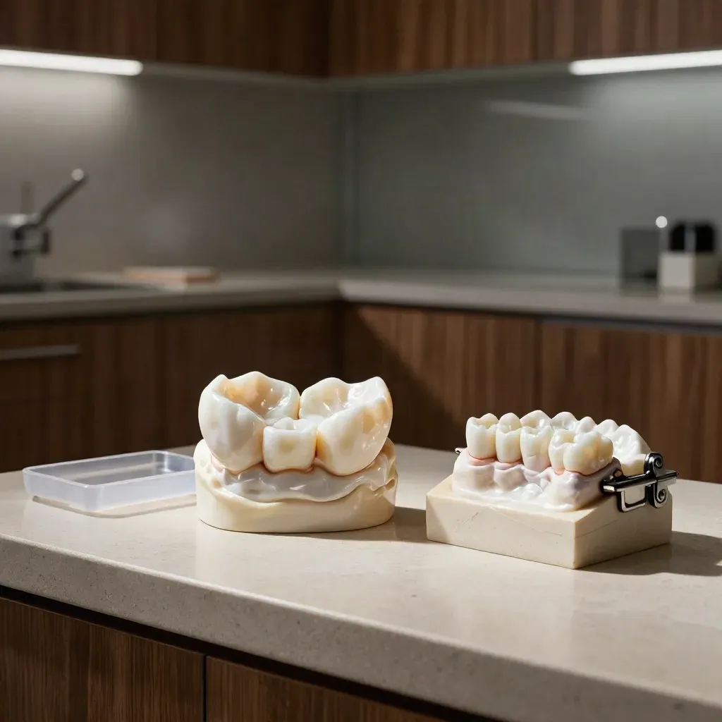 Porcelain crown, bridge model, impression tray and lab case in a moody treatment room
