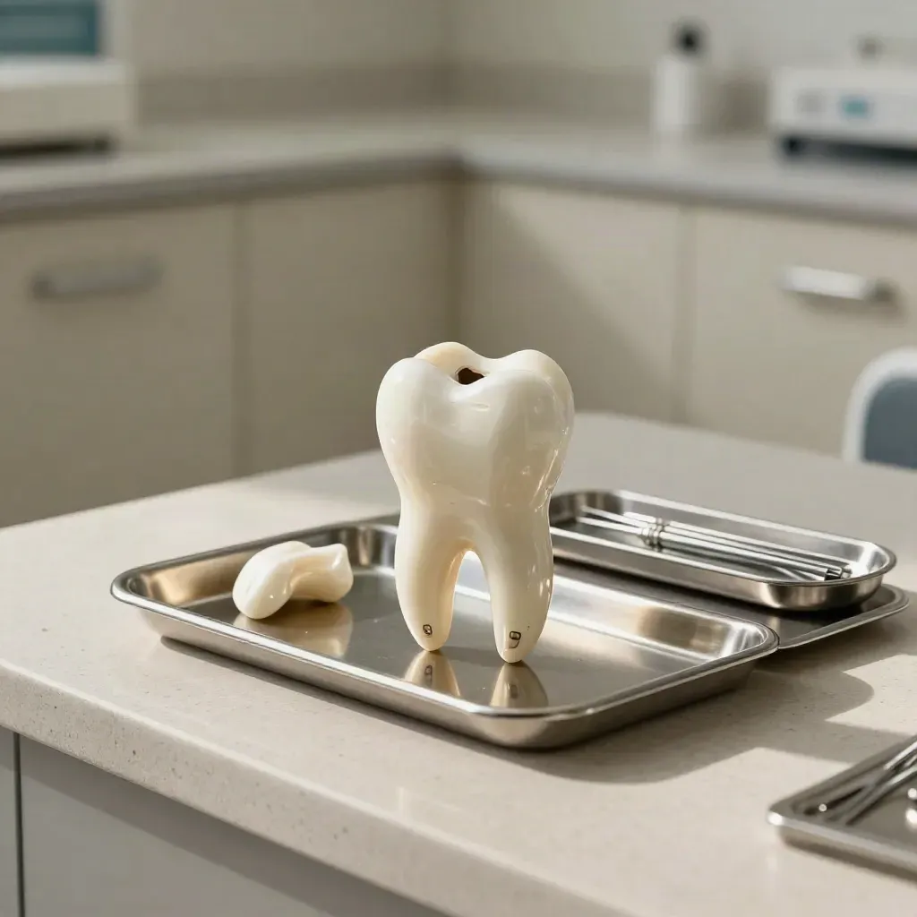 Root canal tools, molar model, and crown case on a clean dental countertop