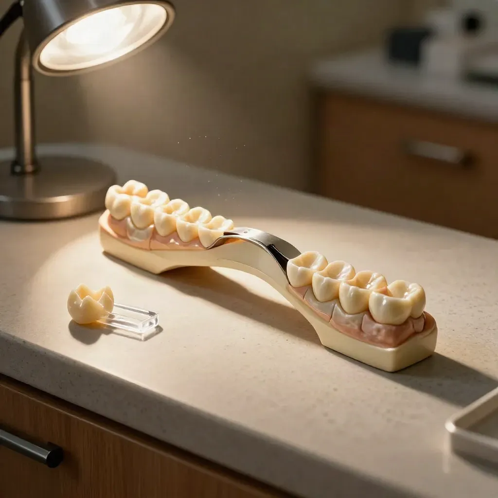 Dental bridge model with impression tray and wax-up on a clinic counter in warm light