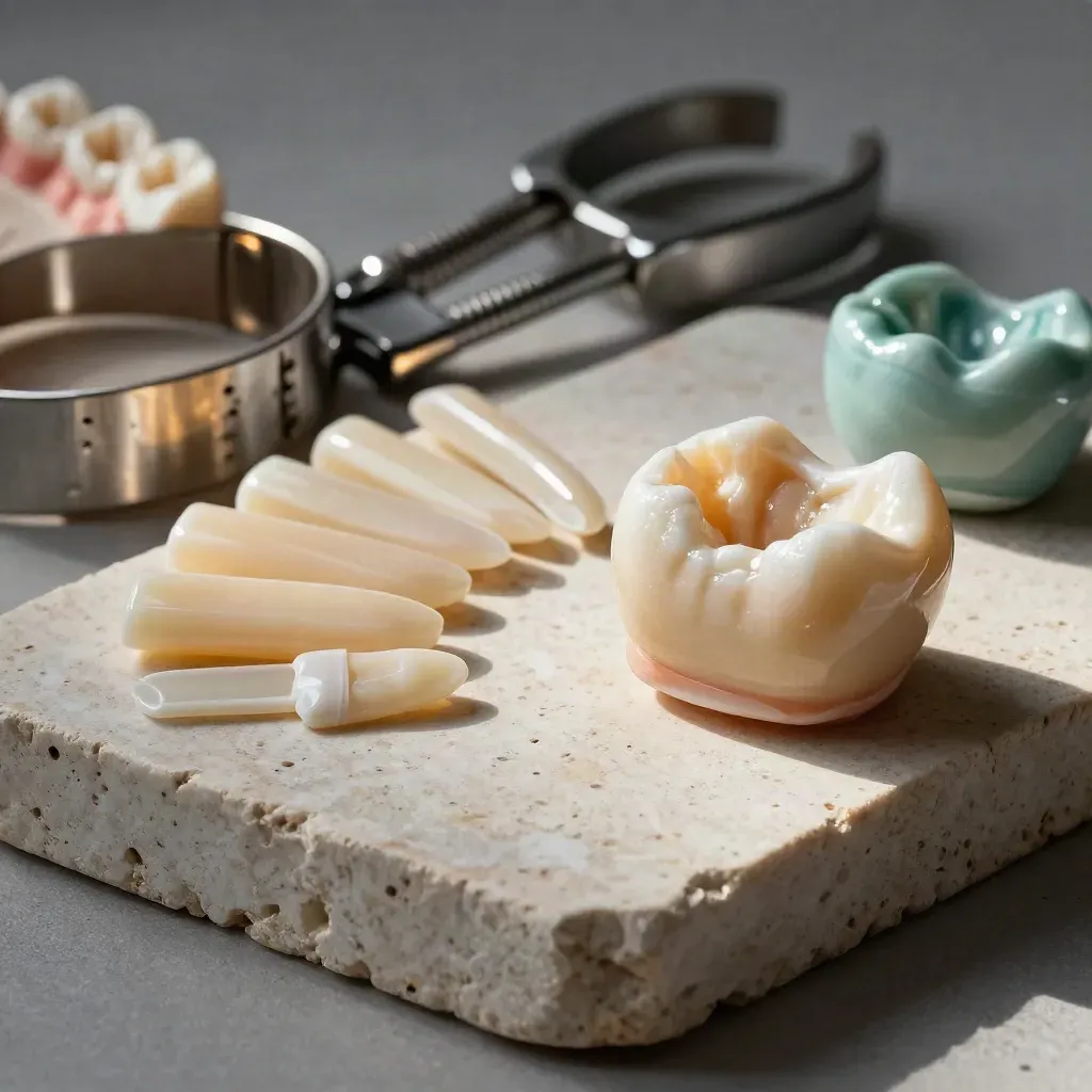 Dental tools and shade tabs beside a restored tooth model on stone, lit from upper left.