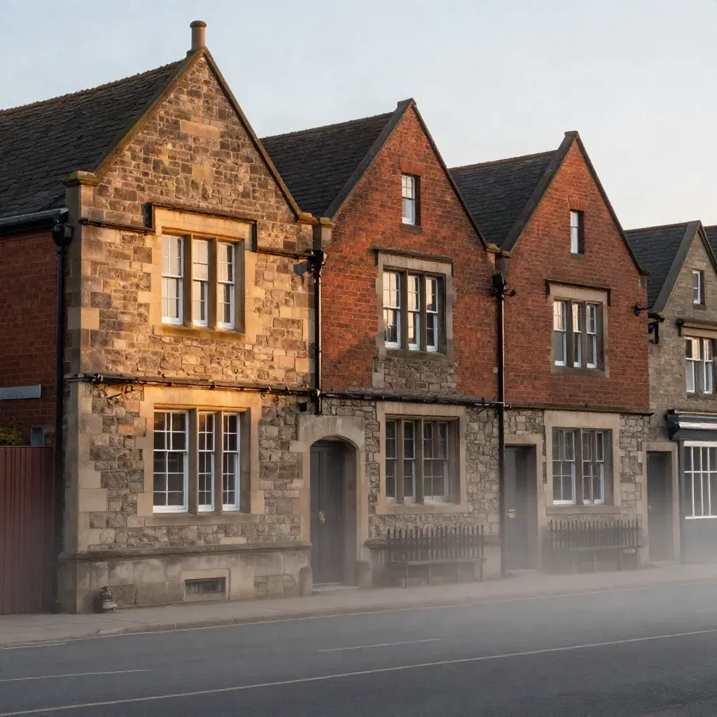 Hazy Brampton heritage brick and stone façades above pale paving under warm evening light.